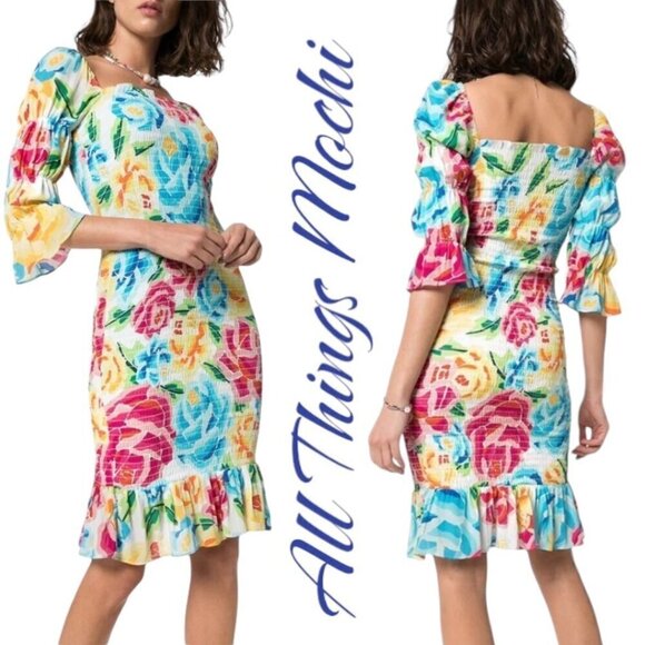 NWT ALL THINGS MOCHI Marianna Silk Smocked Bold Floral Ruffle Mini Dress, Small - Picture 1 of 9